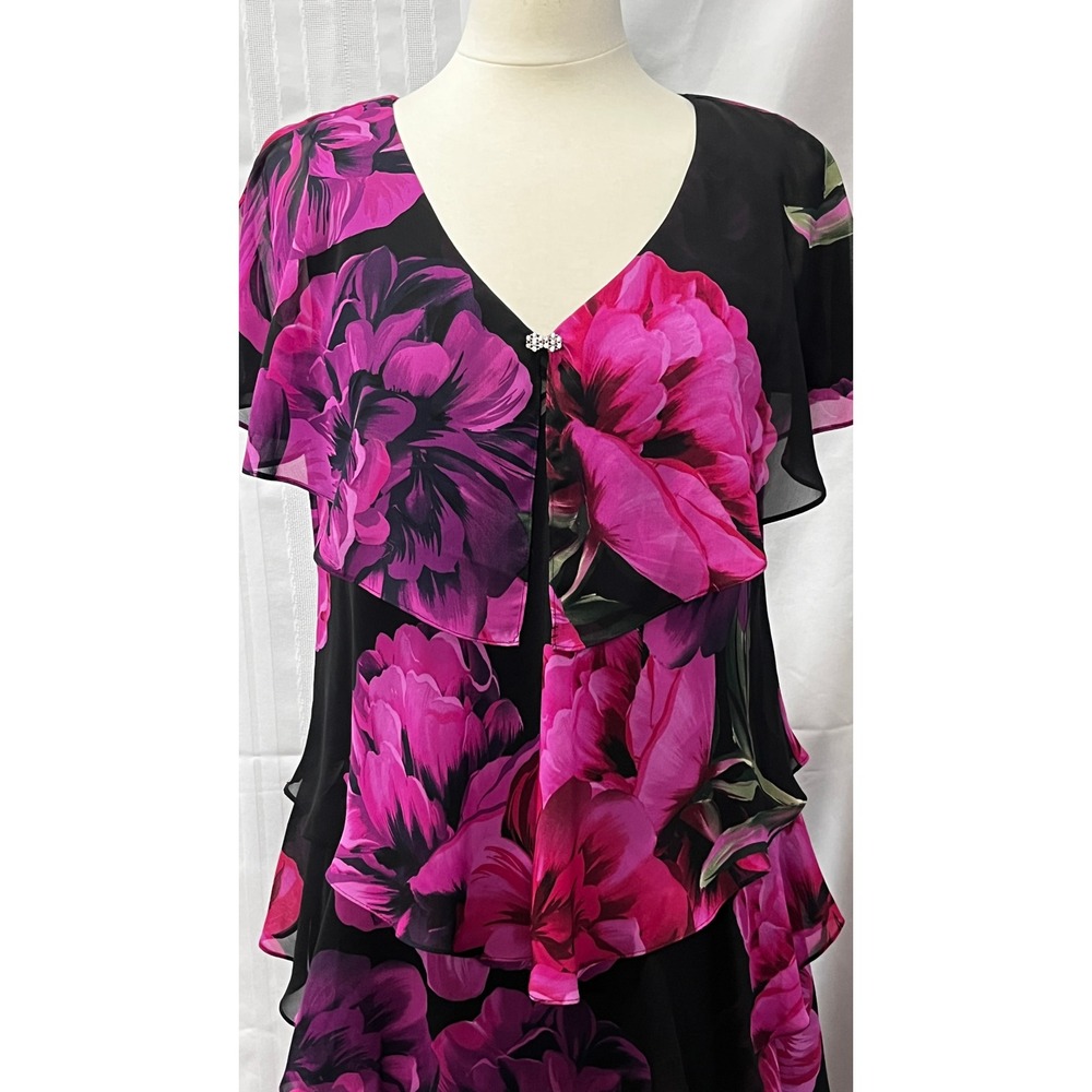 SLNY Womens Purple Pink Floral Tiered Chiffon Dress 14 Bloomcore Fairy Boho - Picture 3 of 12